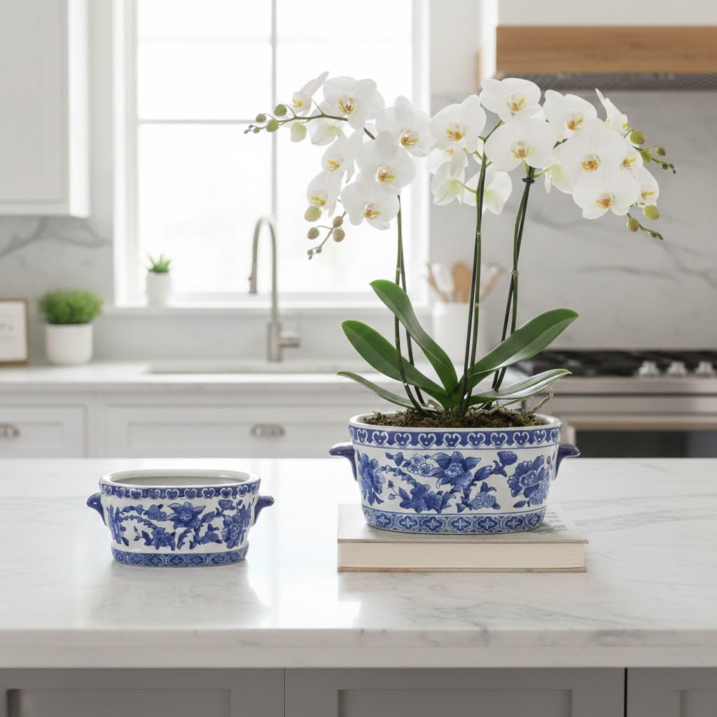 Multi Size Vintage Blue White Oval Ceramic Planter No Drainage Hole