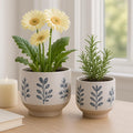 8"&6" Hand Painted Blue White Leaf Ceramic Planter Pots Set