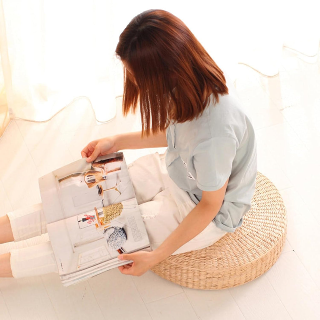 17.3in Woven Straw Round Floor Cushion