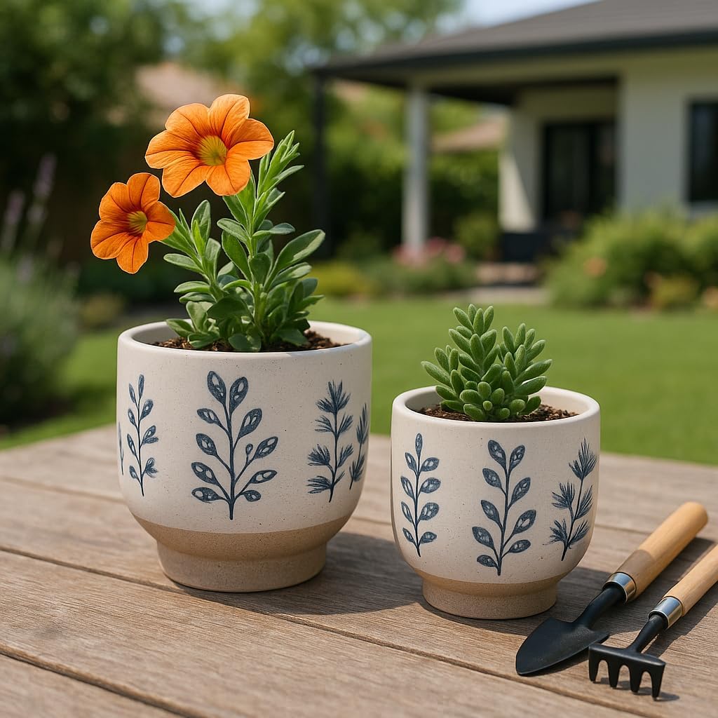 8"&6" Hand Painted Blue White Leaf Ceramic Planter Pots Set