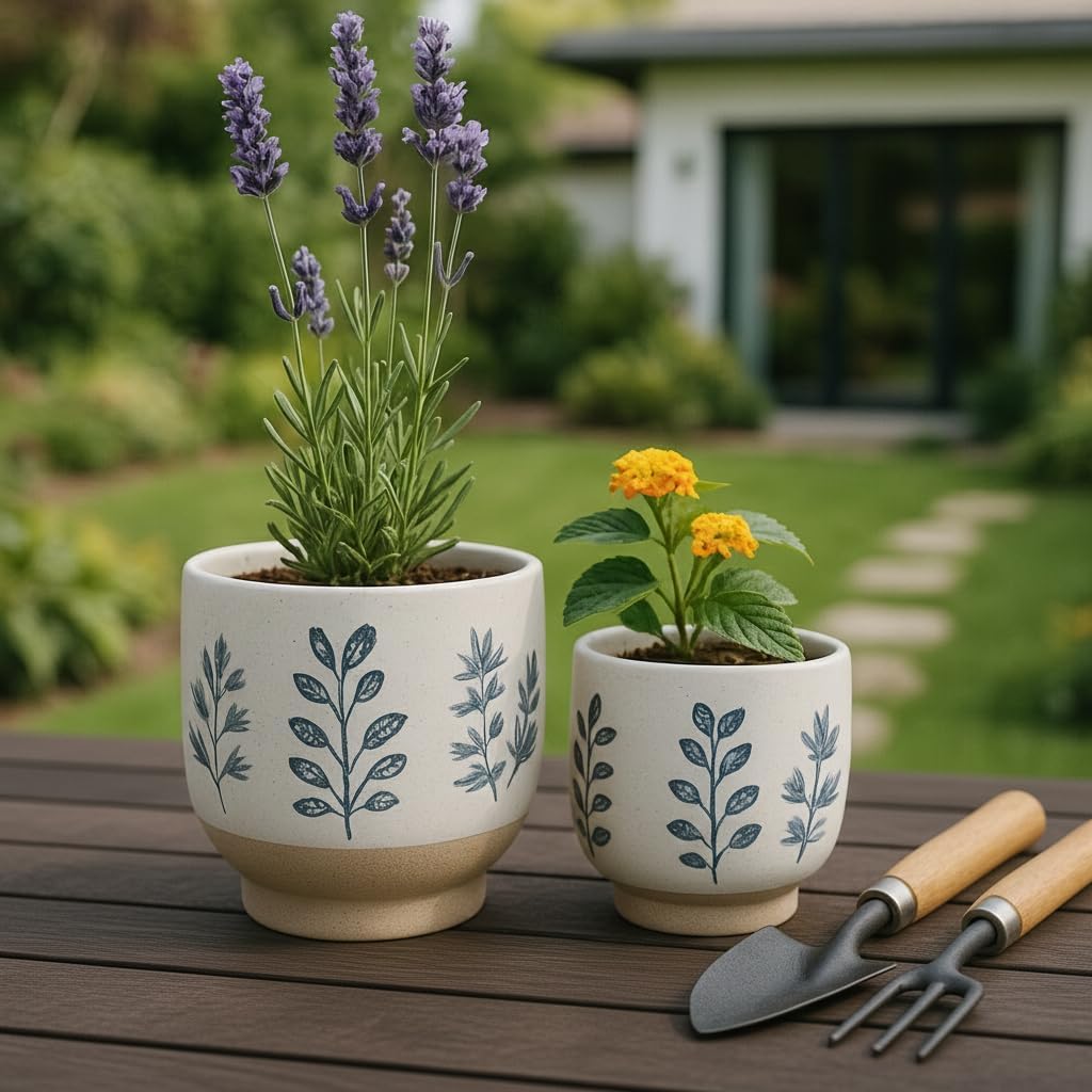 8"&6" Hand Painted Blue White Leaf Ceramic Planter Pots Set