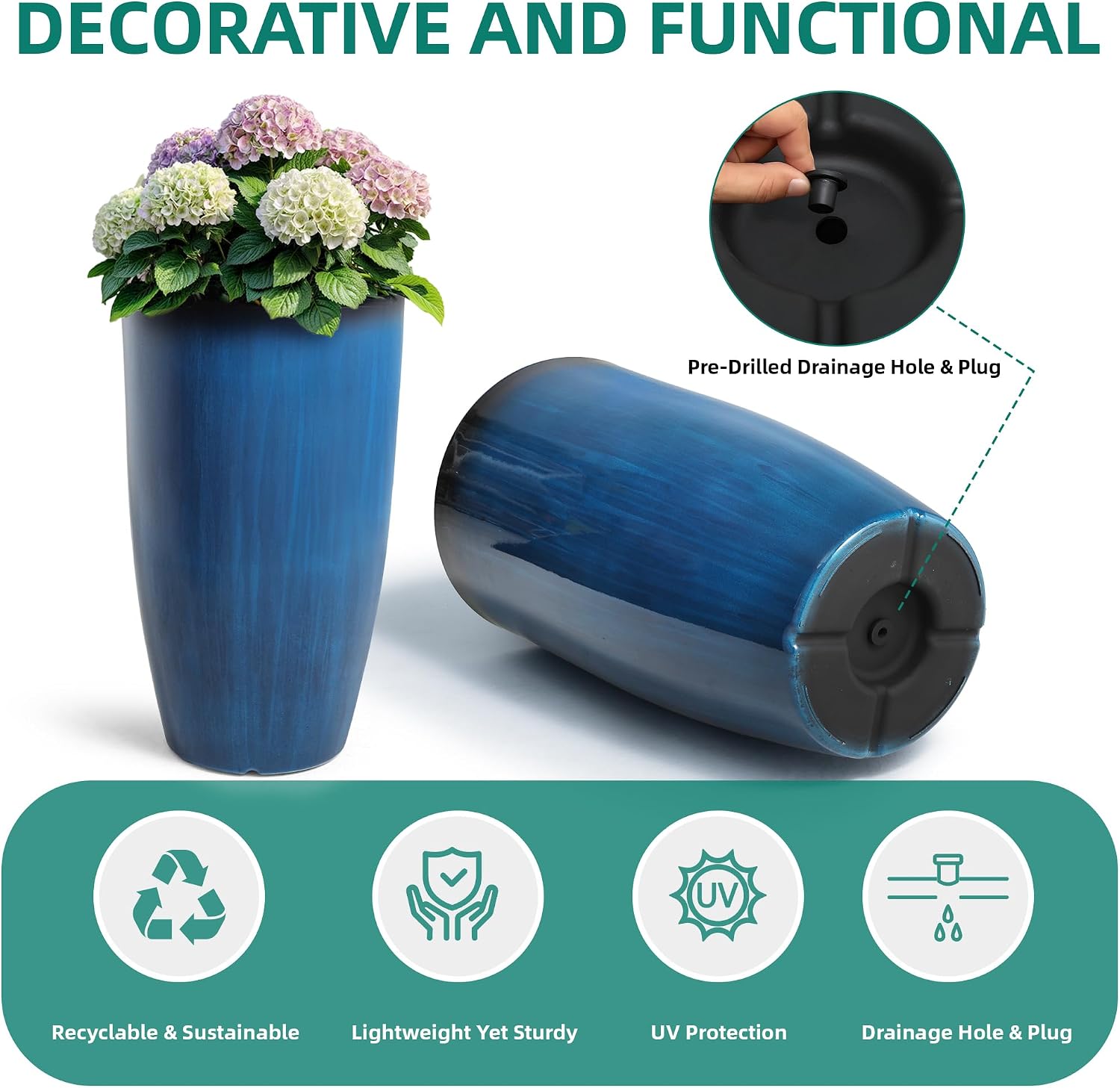 2Pcs 23.8in Cobalt Blue PP Planters