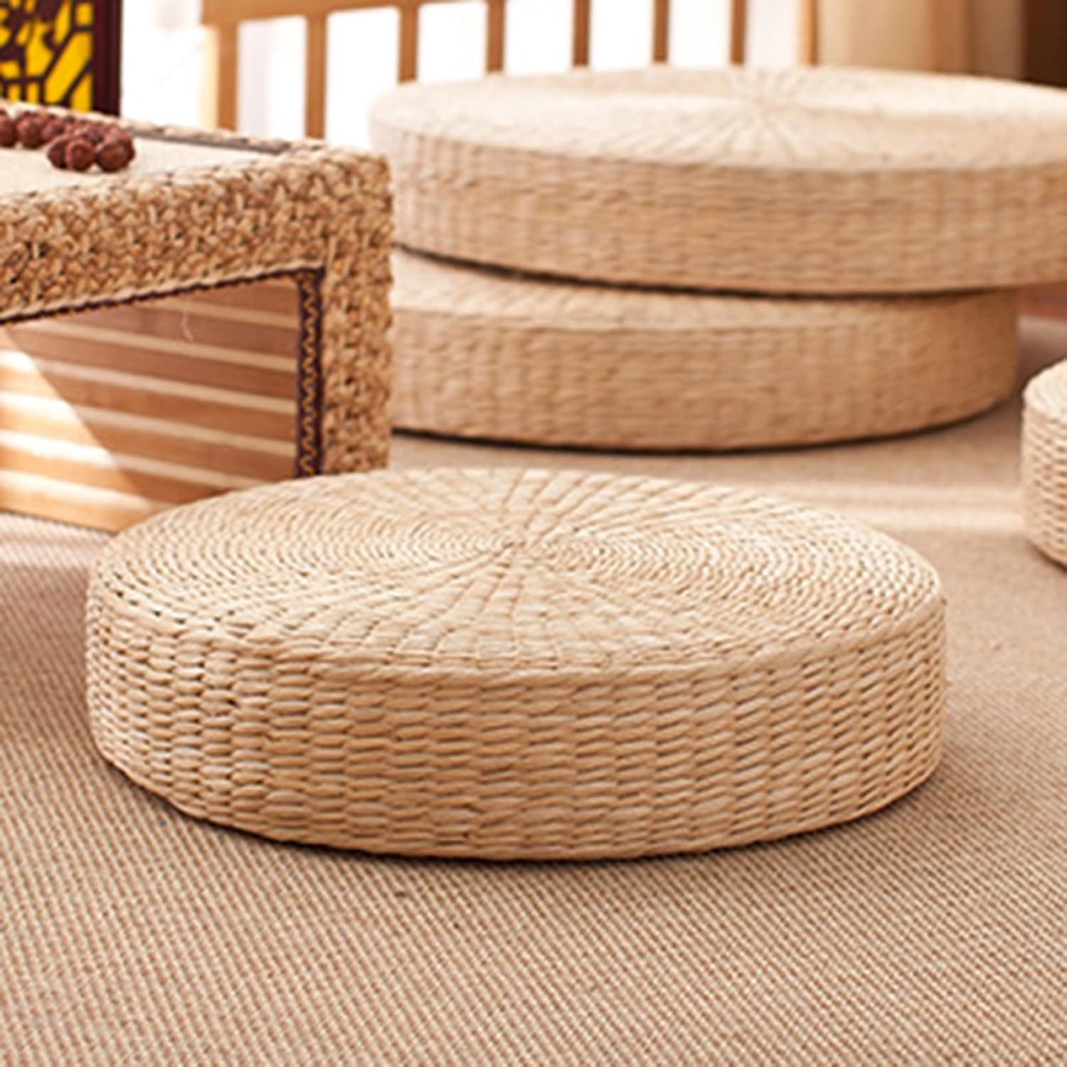 17.3in Woven Straw Round Floor Cushion
