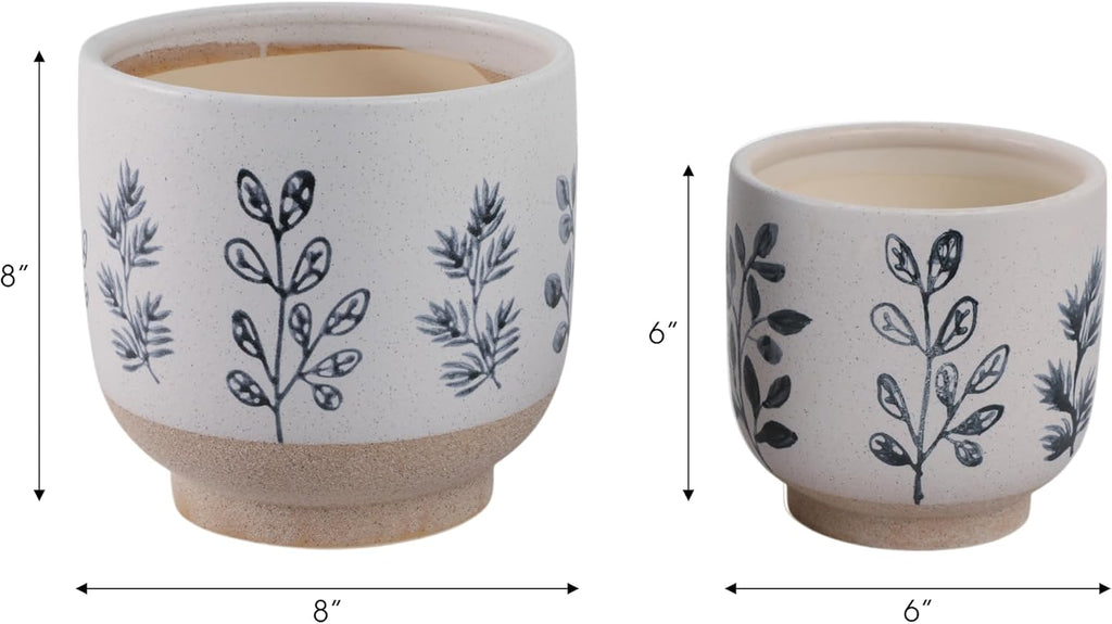 8"&6" Hand Painted Blue White Leaf Ceramic Planter Pots Set