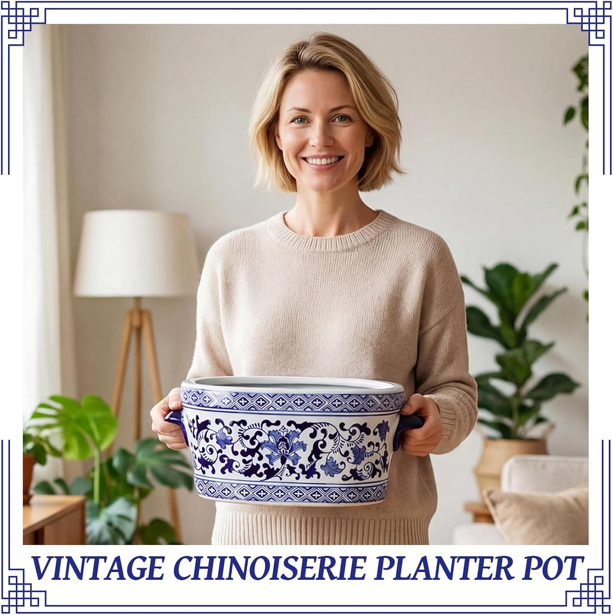 14×7.7×6.1in Vintage Blue White Chinoiserie Ceramic Oval Planter Pot