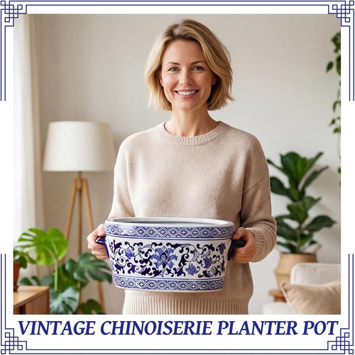 14×7.7×6.1in Vintage Blue White Chinoiserie Ceramic Oval Planter Pot