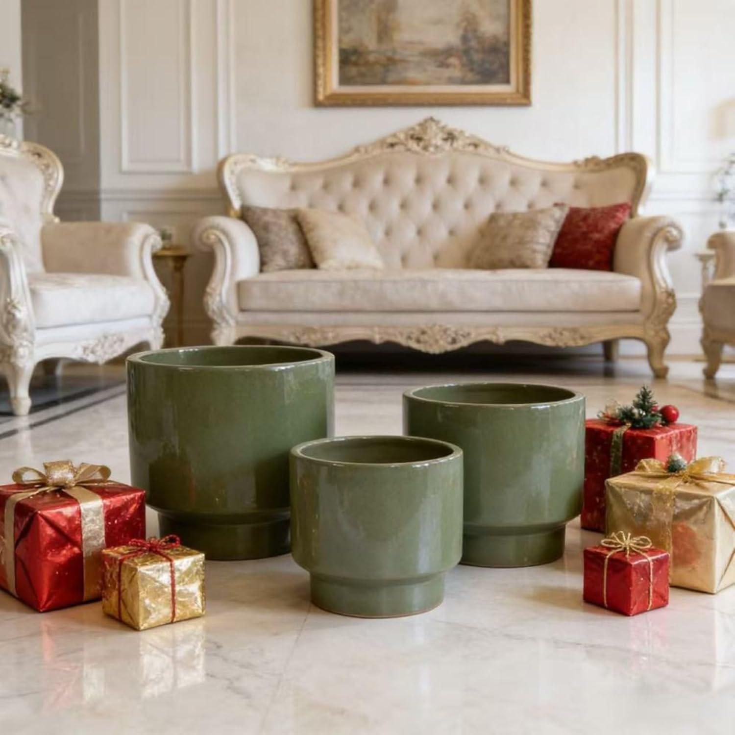 Antique Green Glazed Ceramic Planter Set