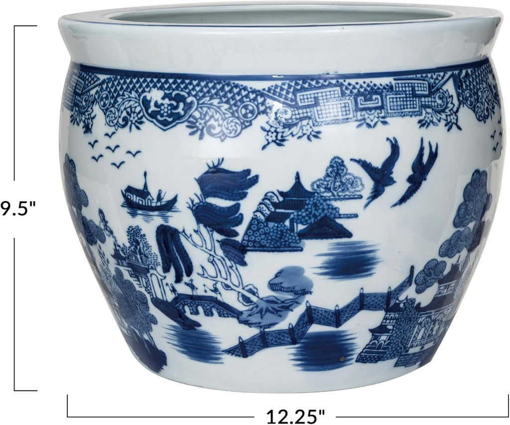 Hand-Painted Blue White Stoneware Planter