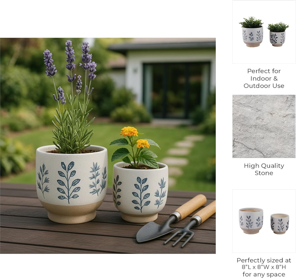 8"&6" Hand Painted Blue White Leaf Ceramic Planter Pots Set