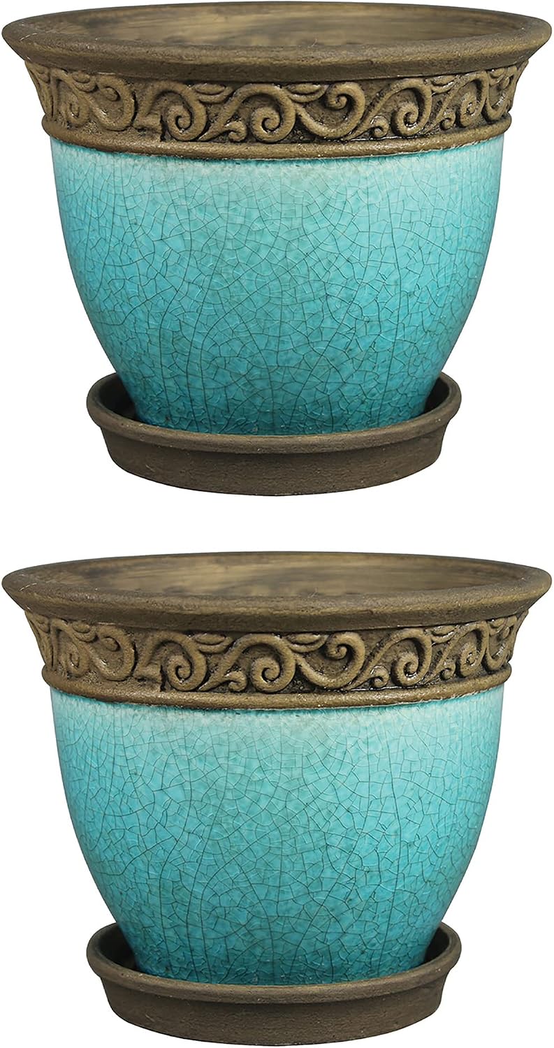 2Pcs Teal Crackle Ceramic Planters