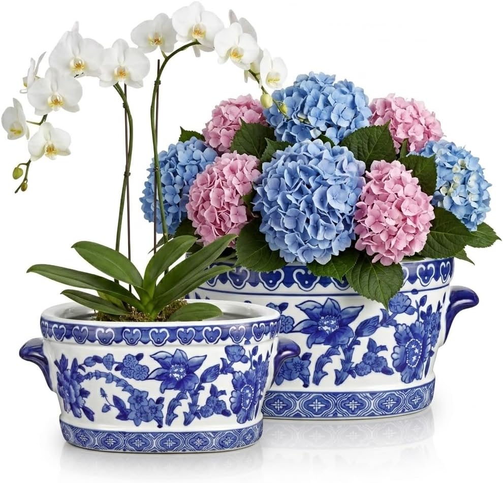 Multi Size Vintage Blue White Oval Ceramic Planter No Drainage Hole