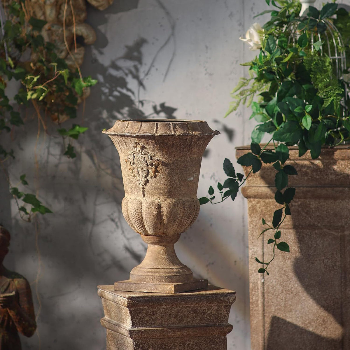 16in Vintage Iron Urn Planters Indoor Outdoor