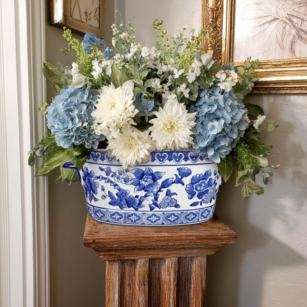 Multi Size Vintage Blue White Oval Ceramic Planter No Drainage Hole