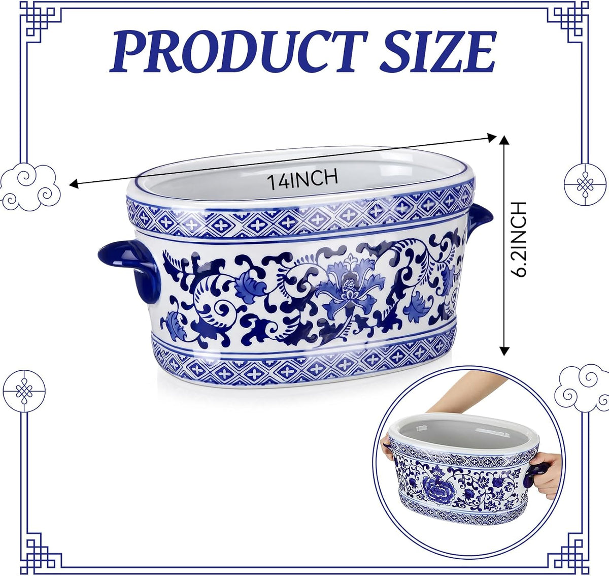 14×7.7×6.1in Vintage Blue White Chinoiserie Ceramic Oval Planter Pot