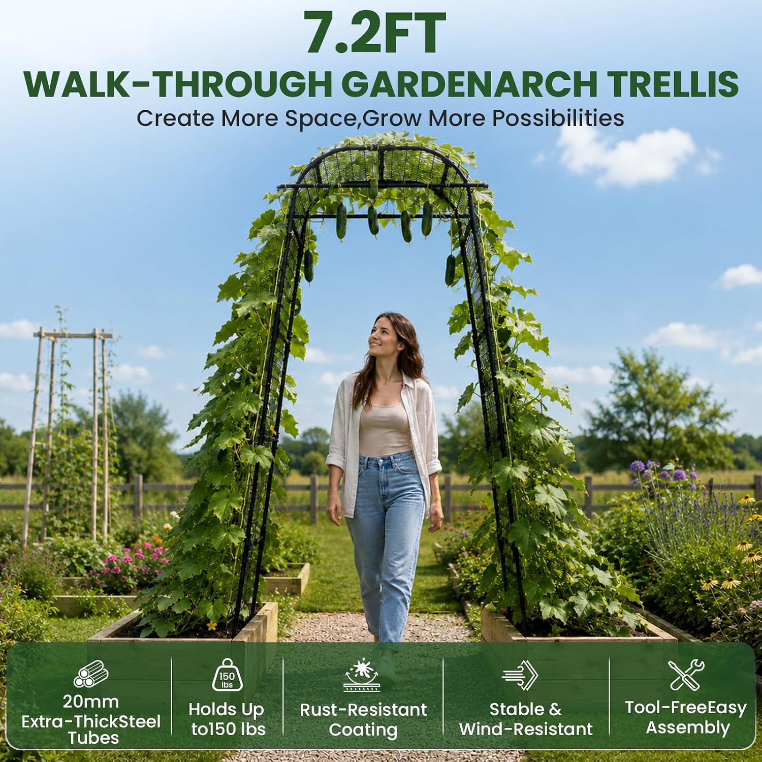 7.2ft Heavy Duty 20mm Metal Garden Arch Trellis with Netting & Gloves