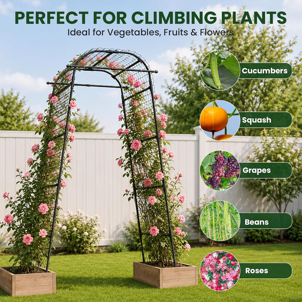 7.2ft Heavy Duty 20mm Metal Garden Arch Trellis with Netting & Gloves
