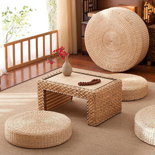 17.3in Woven Straw Round Floor Cushion