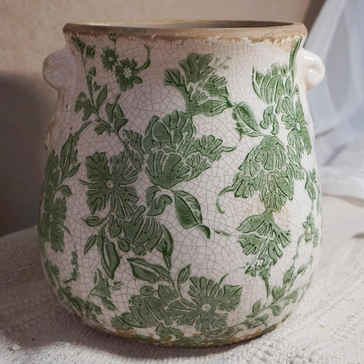 Green Floral Crackle Glaze Ceramic Vase