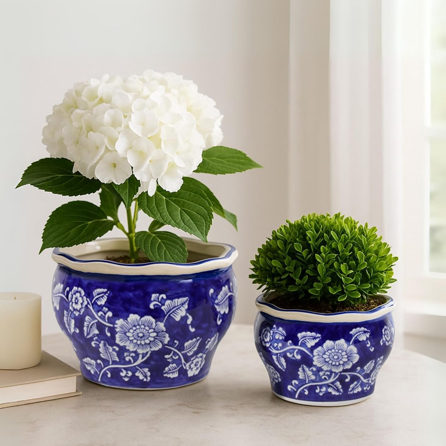 2 Blue White Chinoiserie Ceramic Planters