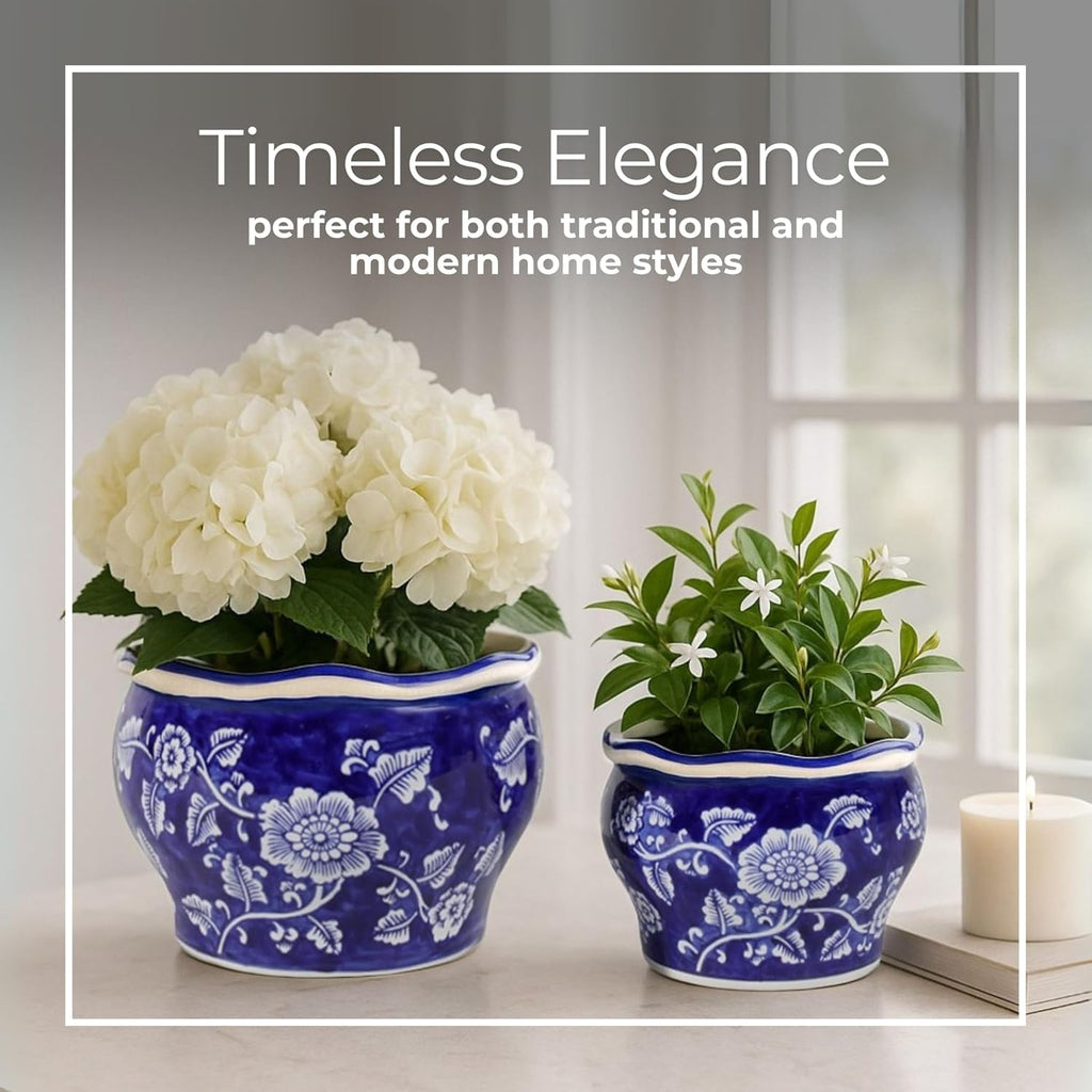 2 Blue White Chinoiserie Ceramic Planters