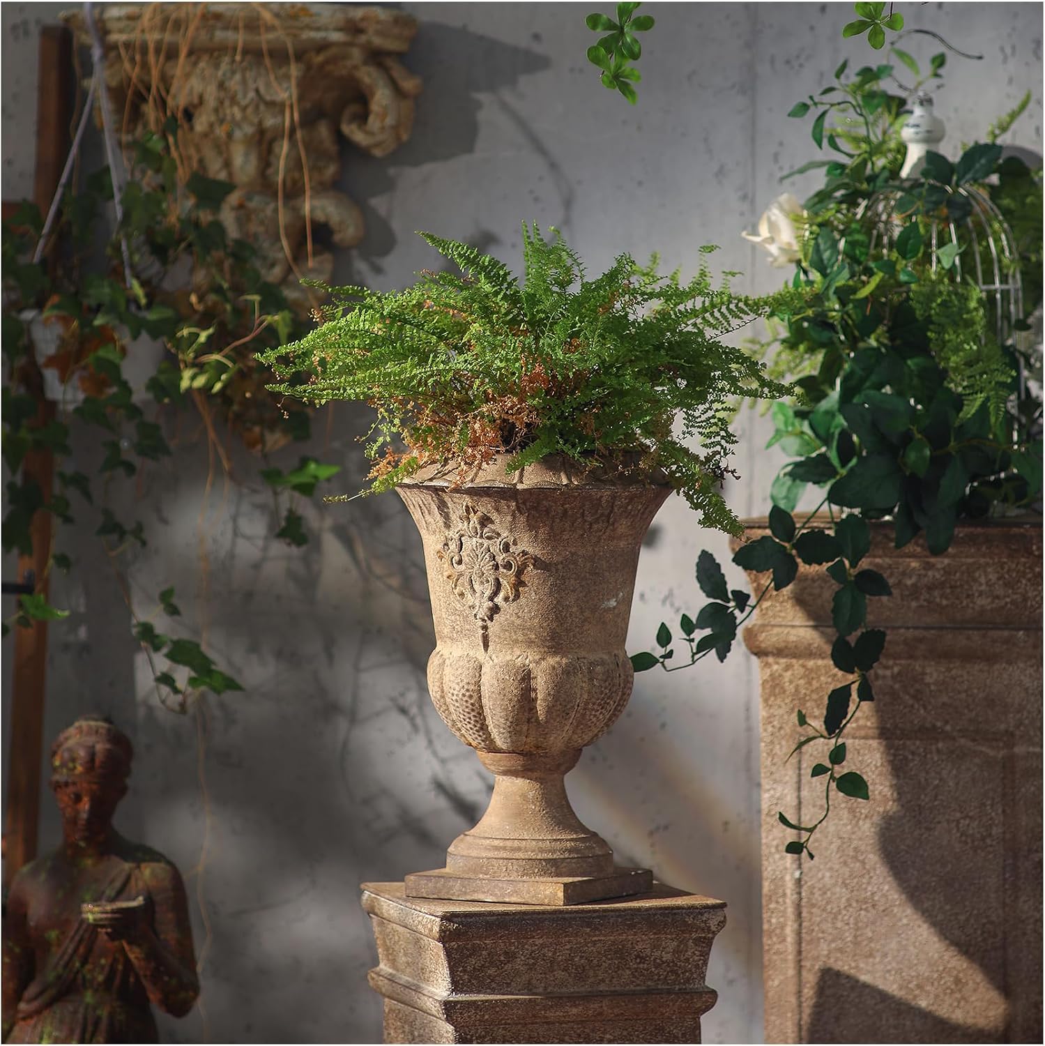 16in Vintage Iron Urn Planters Indoor Outdoor