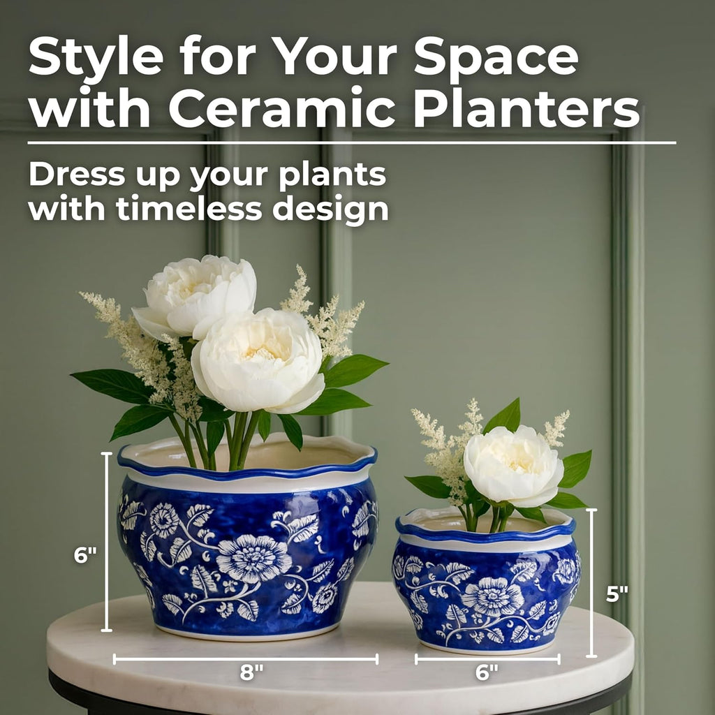 2 Blue White Chinoiserie Ceramic Planters