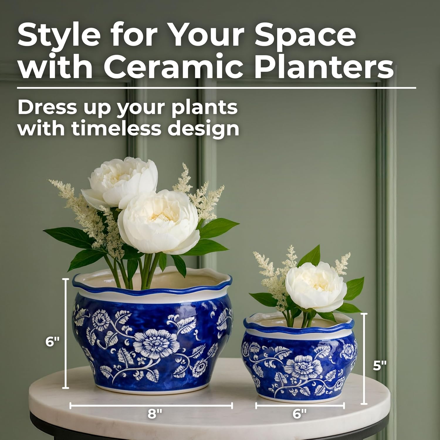 2 Blue White Chinoiserie Ceramic Planters