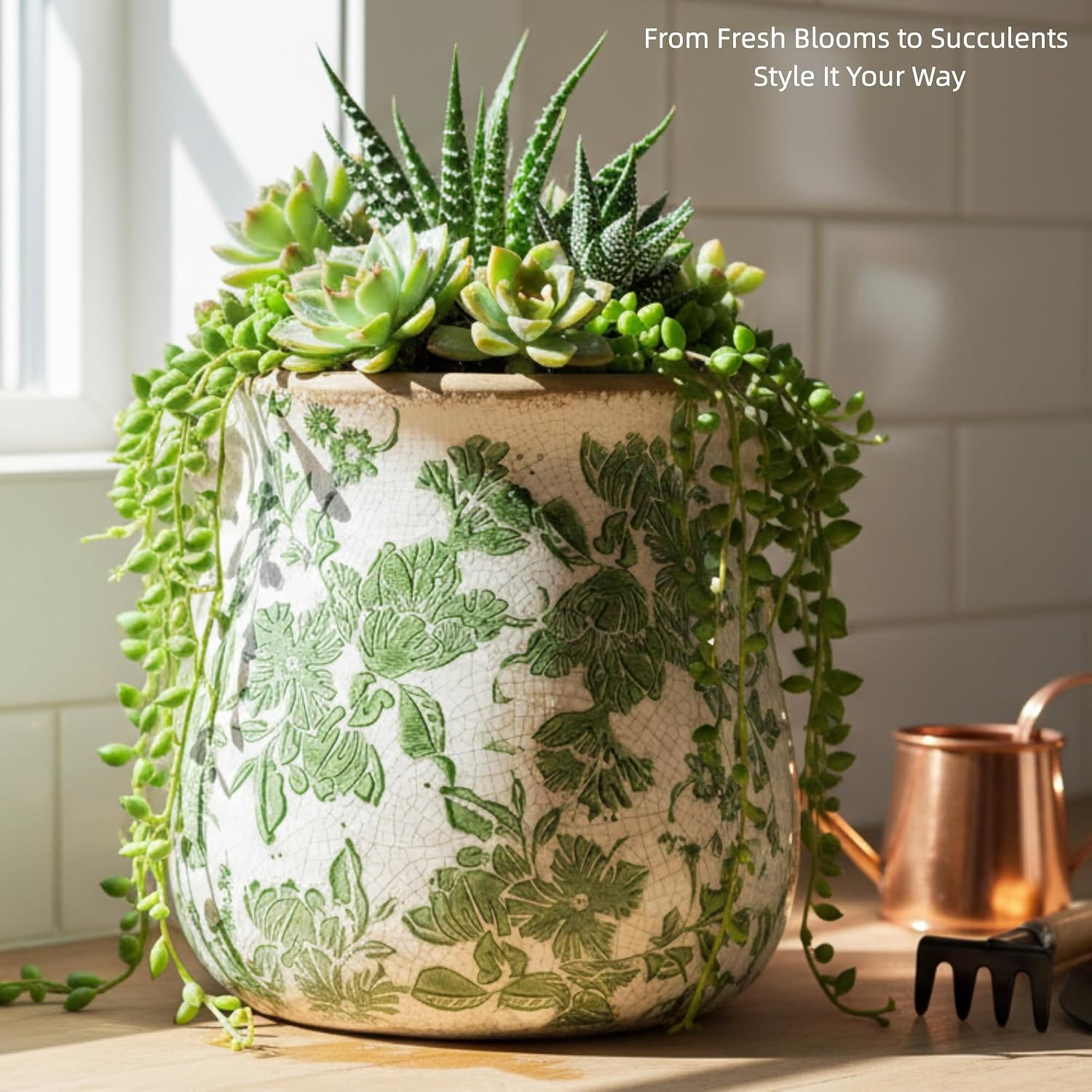 Green Floral Crackle Glaze Ceramic Vase