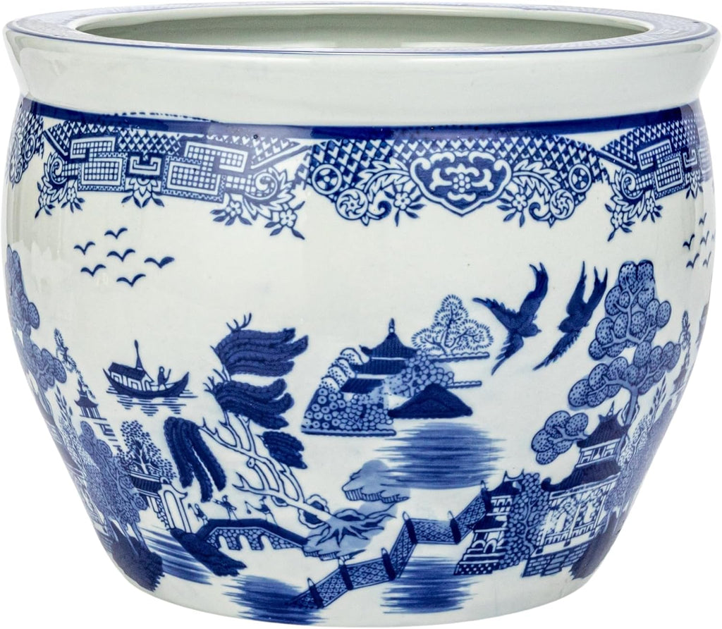 Hand-Painted Blue White Stoneware Planter