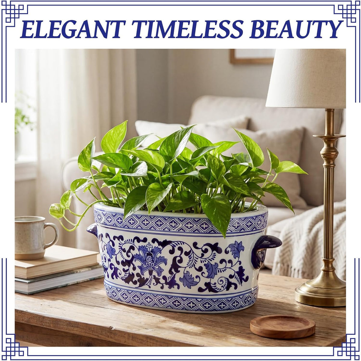 14×7.7×6.1in Vintage Blue White Chinoiserie Ceramic Oval Planter Pot