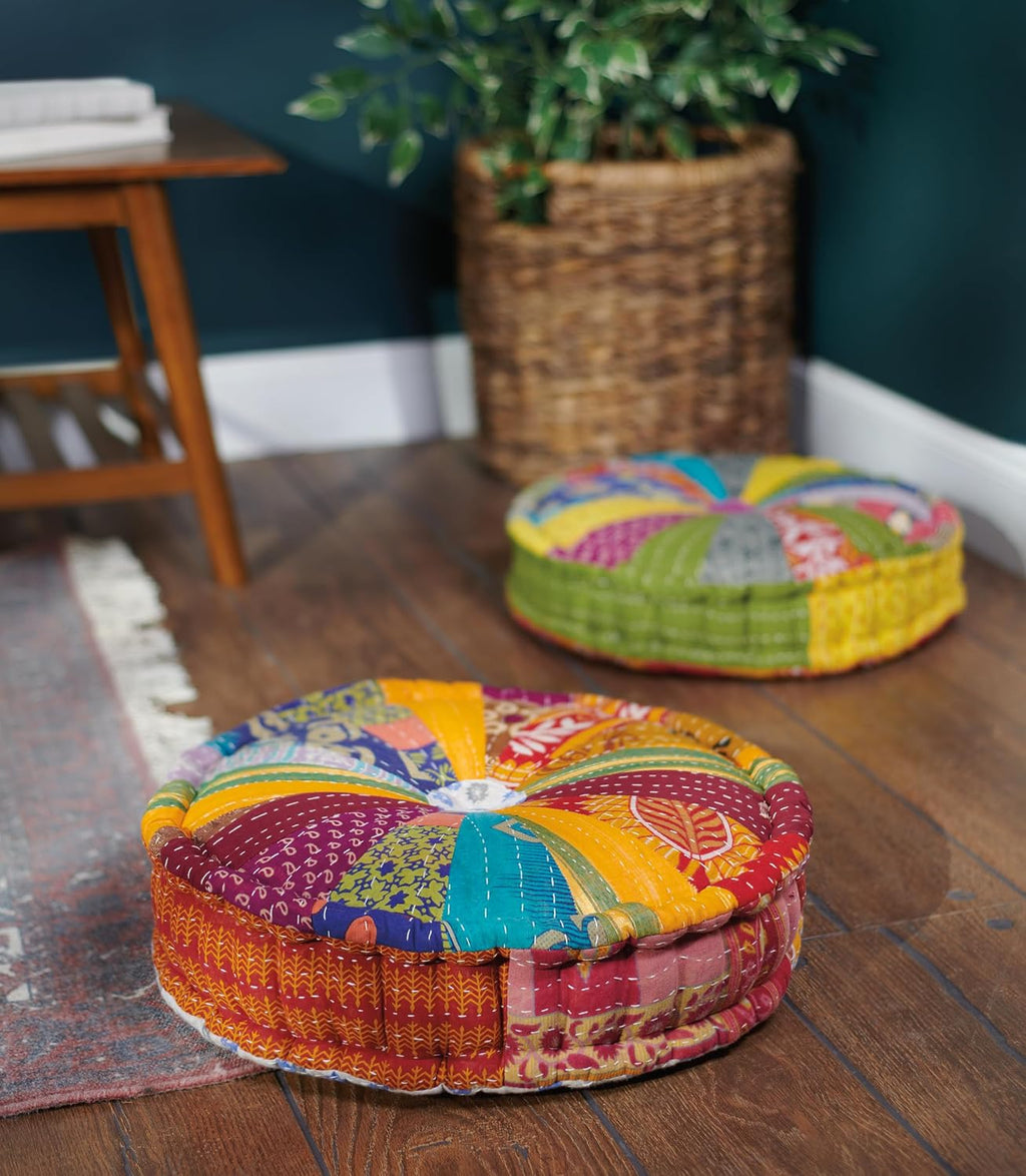Colorful Kantha Round Floor Pillow