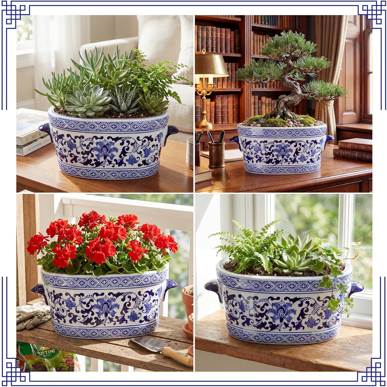 14×7.7×6.1in Vintage Blue White Chinoiserie Ceramic Oval Planter Pot