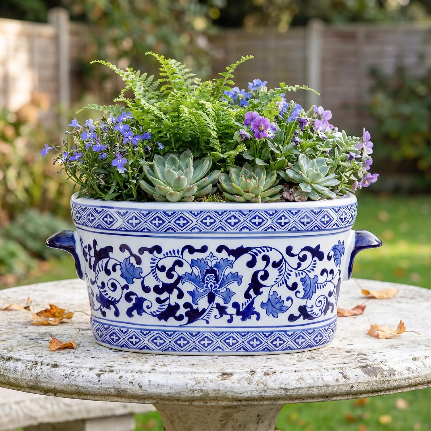 14×7.7×6.1in Vintage Blue White Chinoiserie Ceramic Oval Planter Pot