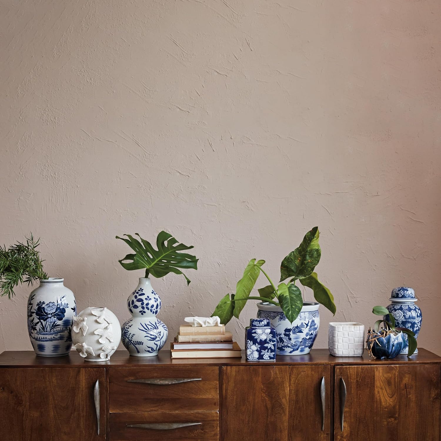 Hand-Painted Blue White Stoneware Planter