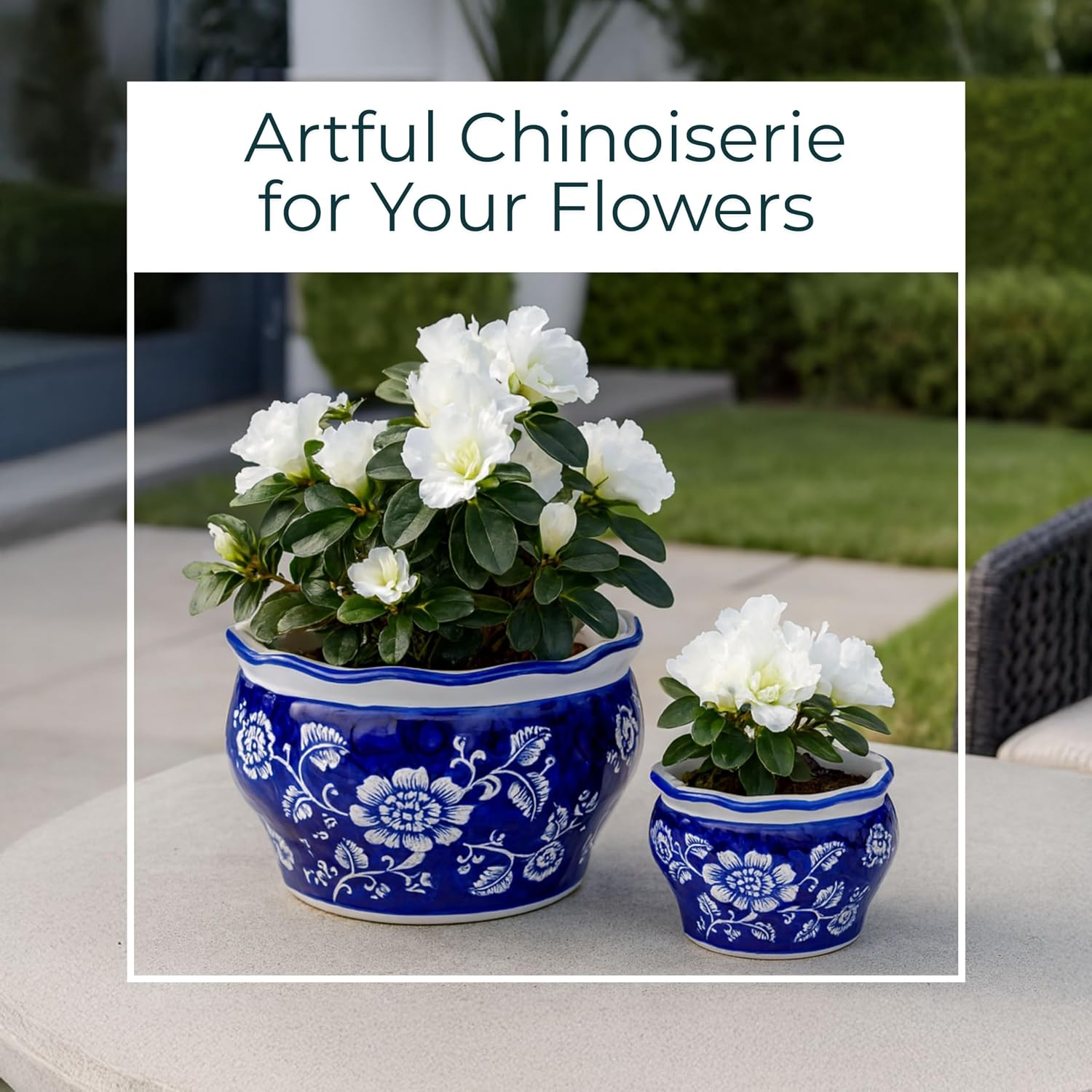 2 Blue White Chinoiserie Ceramic Planters