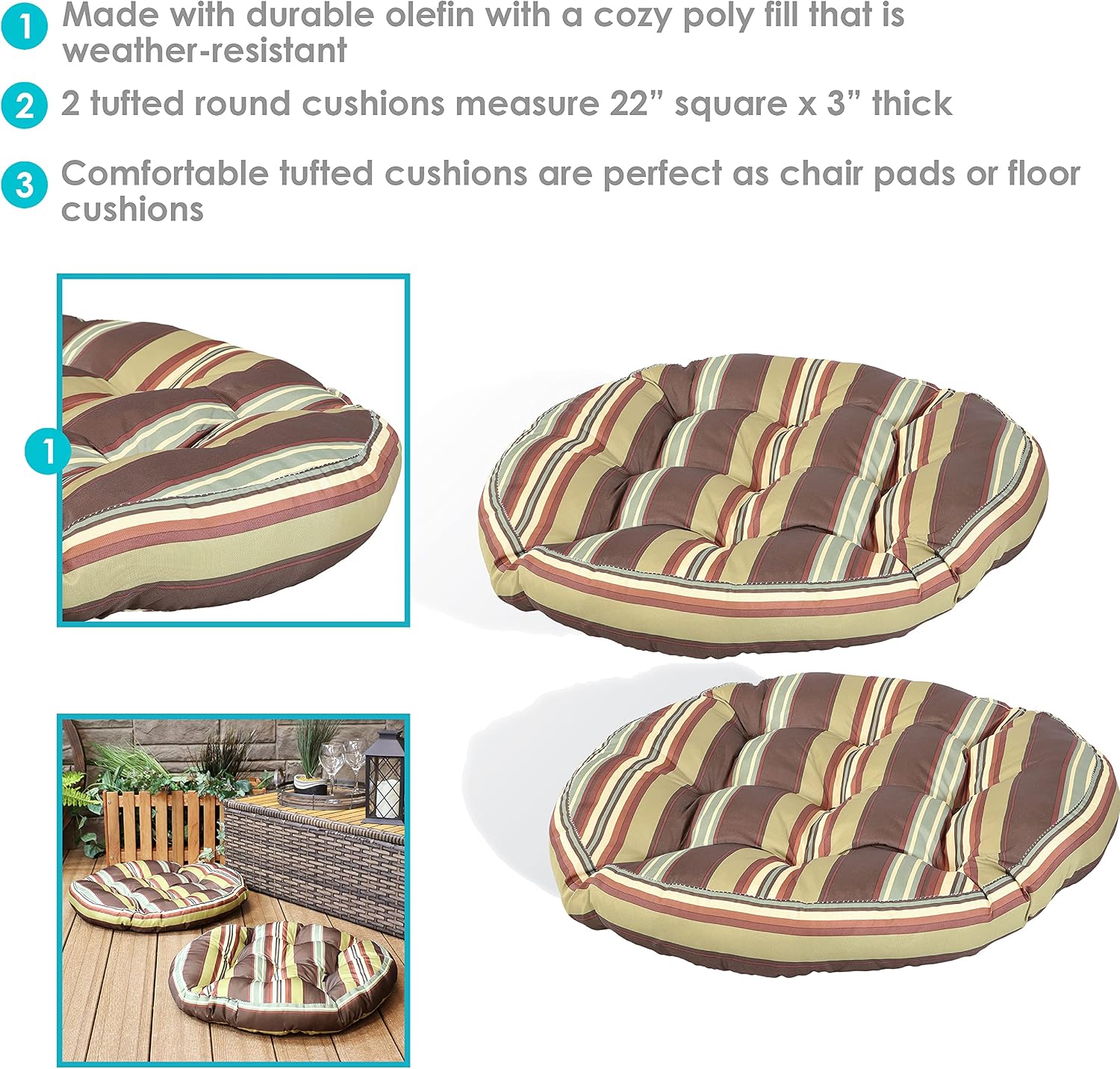 2 Brown Stripes Round Tufted Cushions