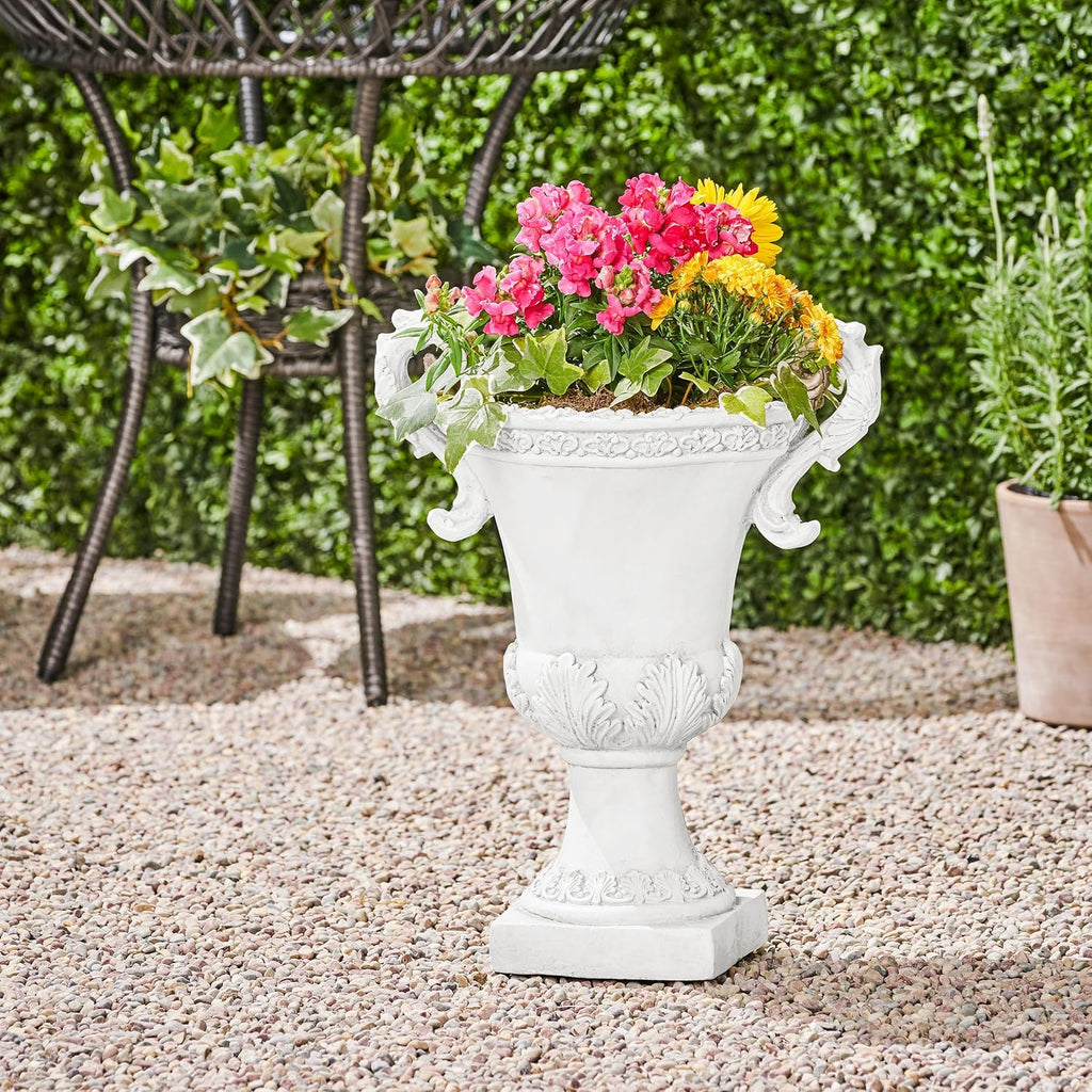 Antique White Floral Relief Concrete Urn Planter