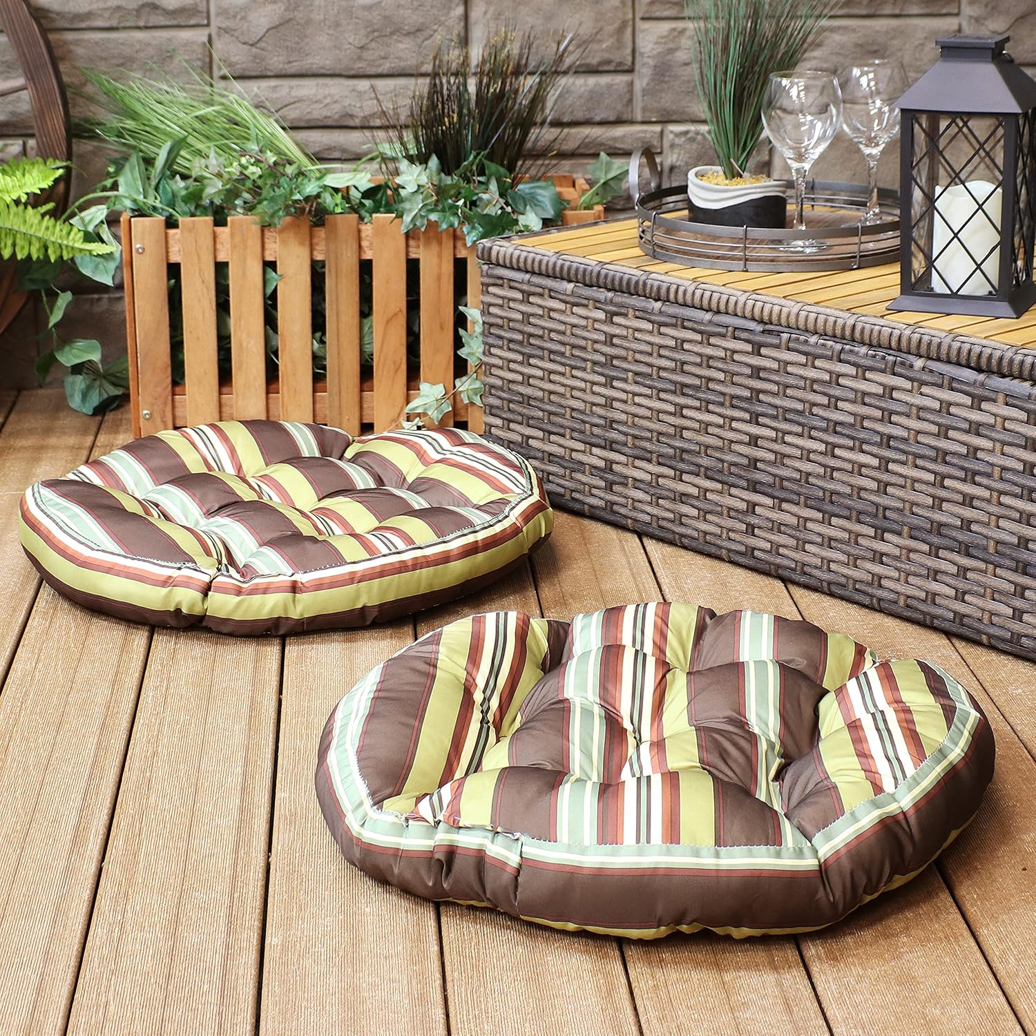 2 Brown Stripes Round Tufted Cushions